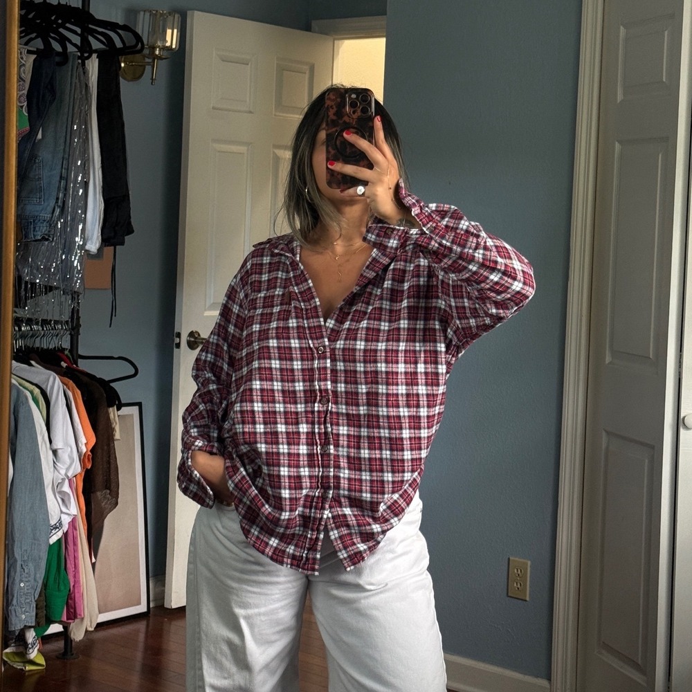 Chaps Mens Red Navy Blue White Plaid Brushed Flannel Button Down Shirt Large